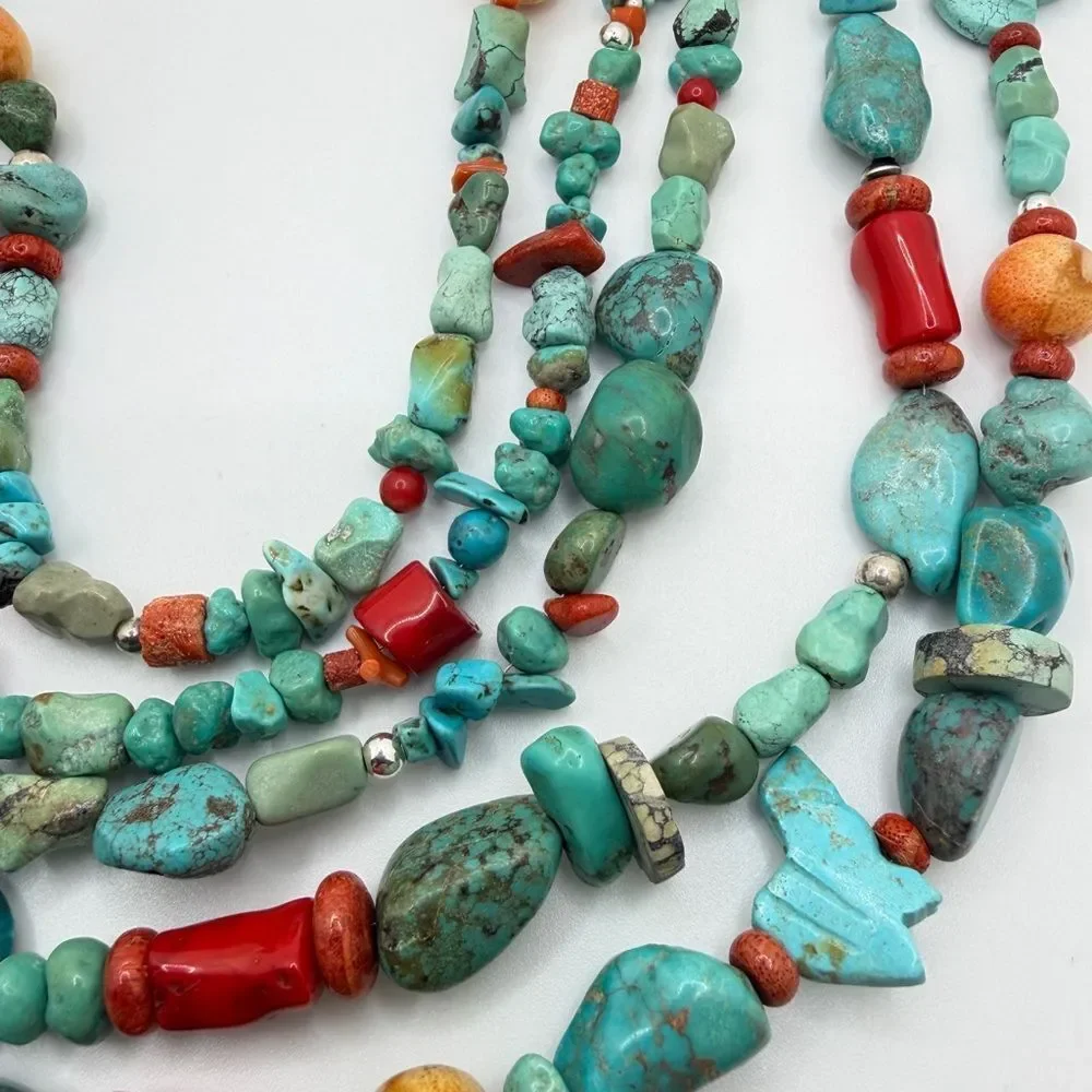 AMAZING ~20" 5 strands of Coral, Silver, TURQUOISE beads w/ VTG 925 TAXCO clasp! - Picture 5 of 13
